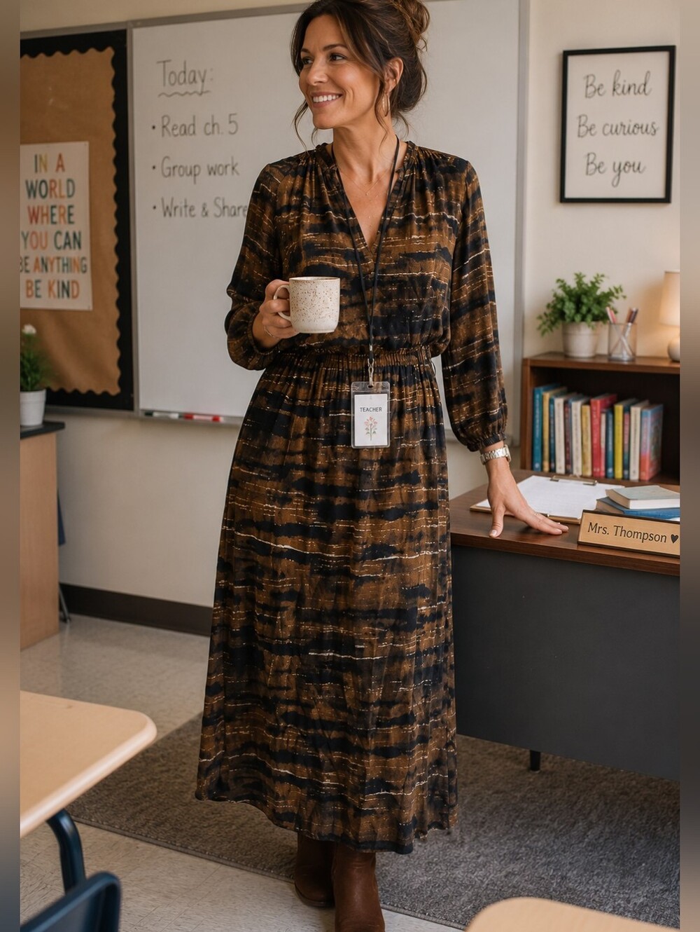 cloth & stone Brown and Black Long Sleeve Maxi Dress